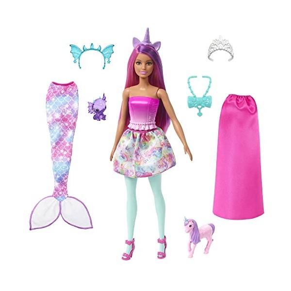 Barbie Coffret Poupée Il Était Une Fois Transformable En Sirène Ou Royal, Bébé Dragon Et Licorne, Vêtements Et Accessoires, J