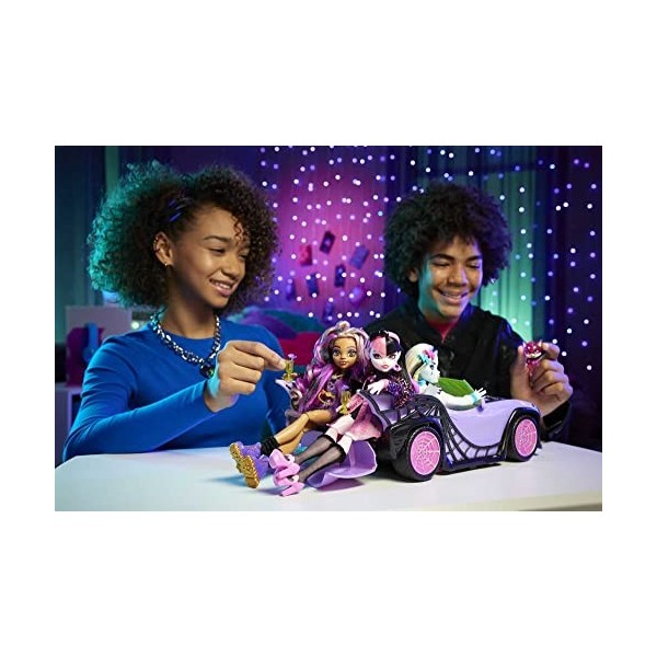Monster High Voiture Goule Mobile Avec Animal Et Accessoires, Cabriolet Violet Avec Décorations De Toiles D’Araignée, Jouet E