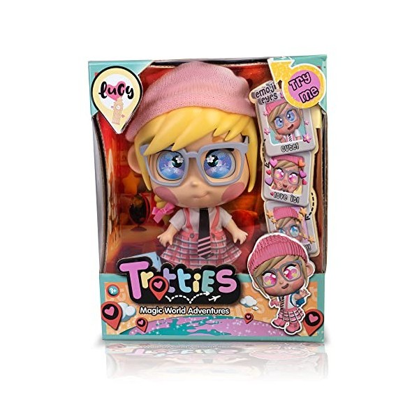 TROTTIES, Lucy, Ville Londres, Poupée voyageuse Issue de la série animée, Yeux Emojis, Sac à Dos et Carte, Jouets pour Enfant