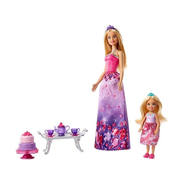 ​Barbie Dreamtopia Coffret Heure du Goûter, poupées Barbie et Chelsea avec service à thé et gâteau à monter, jouet pour enfan
