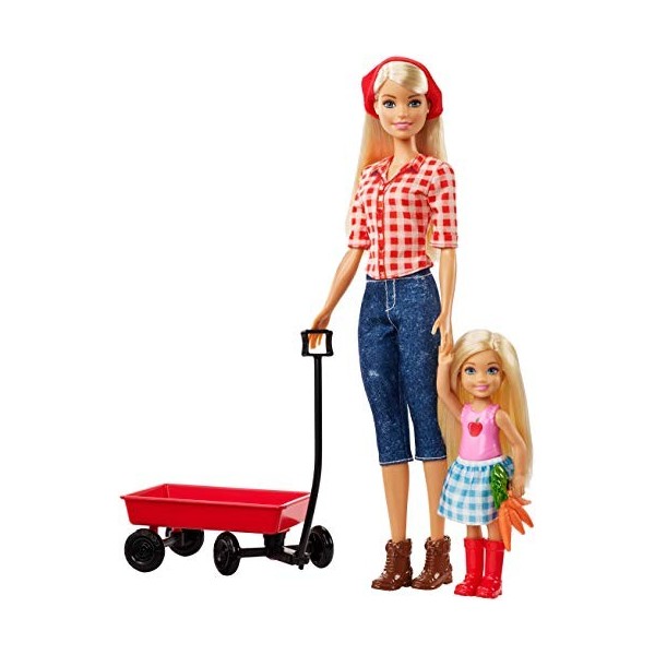 Barbie Famille coffret poupée et mini-poupée Chelsea à la ferme, fermières avec chariot rouge et carottes, jouet pour enfant,