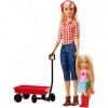 Barbie Famille coffret poupée et mini-poupée Chelsea à la ferme, fermières avec chariot rouge et carottes, jouet pour enfant,