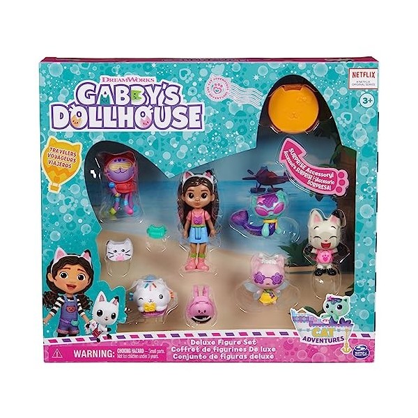 Gabbys Dollhouse, Ensemble de Figurines sur Le thème du Voyage avec Une poupée Gabby, 5 Figurines de Chat, Jouets Surprise e
