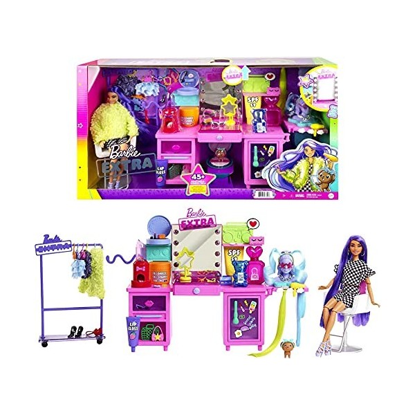 Barbie Extra coffret Coiffeuse avec poupée articulée exclusive, Figurine chiot et plus de 45 éléments, Jouet pour enfant, GYJ