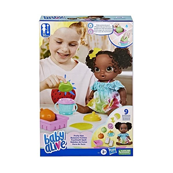 Baby Alive, Coffret poupée Boissons fruitées, Citron Vert, Presse-Agrumes factice, boit et mouille sa Couche, dès 3 Ans, Chev