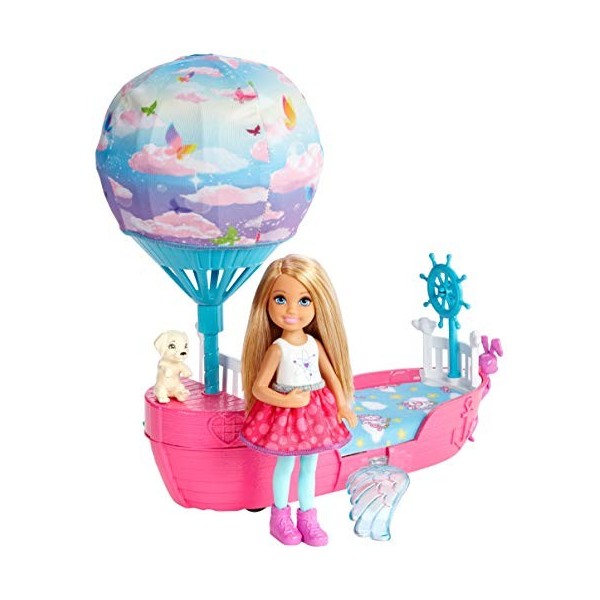 Barbie Dreamtopia mini-poupée Chelsea et son Voilier des Rêves avec ballon en tissu imprimé nuages et figurine de chiot, joue