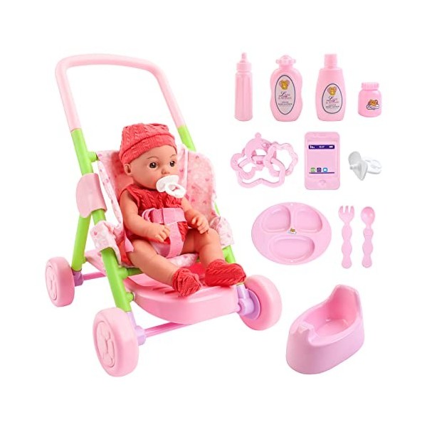 deAO Poupon bébé, Poupée Rose avec Poussette et Accessoires réalistes, Poupon Rose boit et Fait Pipi Nombreux Accessoires Inc