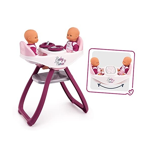 Smoby - Baby Nurse - Chaise Haute Jumeaux - pour Poupons et Poupées - Transformable en Bascule - 4 Accessoires Inclus - 22034