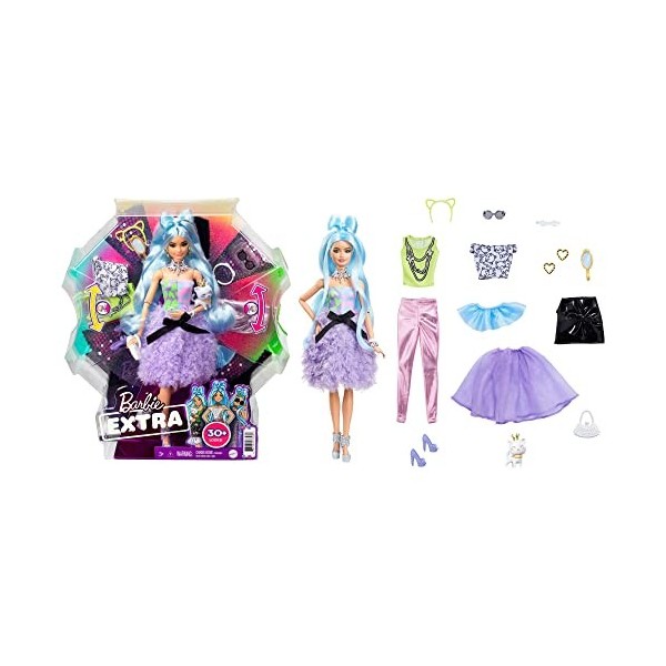 Barbie Extra coffret poupée articulée aux cheveux bleus avec accessoires pour créer plus de 30 looks tendance et oversize, jo