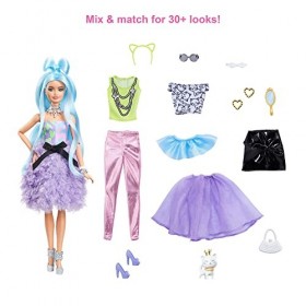 Barbie Extra coffret poupée articulée aux cheveux bleus avec accessoires pour créer plus de 30 looks tendance et oversize, jo