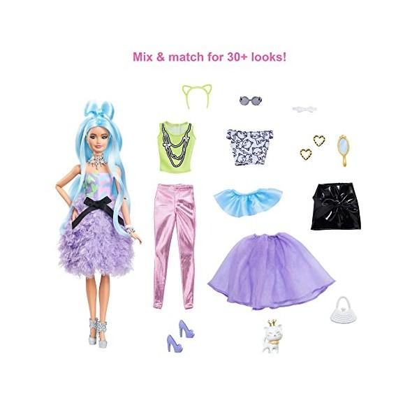 Barbie Extra coffret poupée articulée aux cheveux bleus avec accessoires pour créer plus de 30 looks tendance et oversize, jo