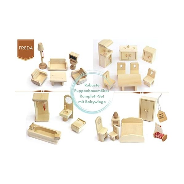 Freda - Ensemble de meubles pour maison de poupées - 28 pièces - berceau bébé y compris