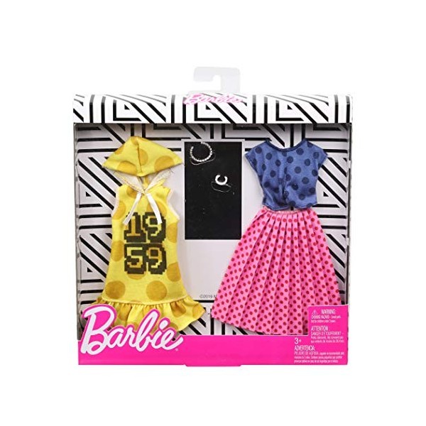 Barbie Fashionistas Kit vêtements, 2 tenues pour poupée dont haut à pois, jupe longue, robe et accessoires, jouet pour enfant