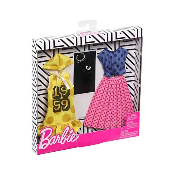 Barbie Fashionistas Kit vêtements, 2 tenues pour poupée dont haut à pois, jupe longue, robe et accessoires, jouet pour enfant