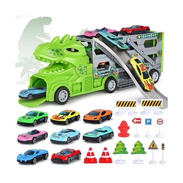 Camion Jouet Voiture pour 2 3 4 5 Ans, Garage Rampe Dinosaure Jouet Garçons avec 8 Petite Voitures 1 Accessoires de Carte Rou