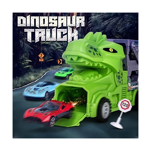 Camion Jouet Voiture pour 2 3 4 5 Ans, Garage Rampe Dinosaure Jouet Garçons avec 8 Petite Voitures 1 Accessoires de Carte Rou