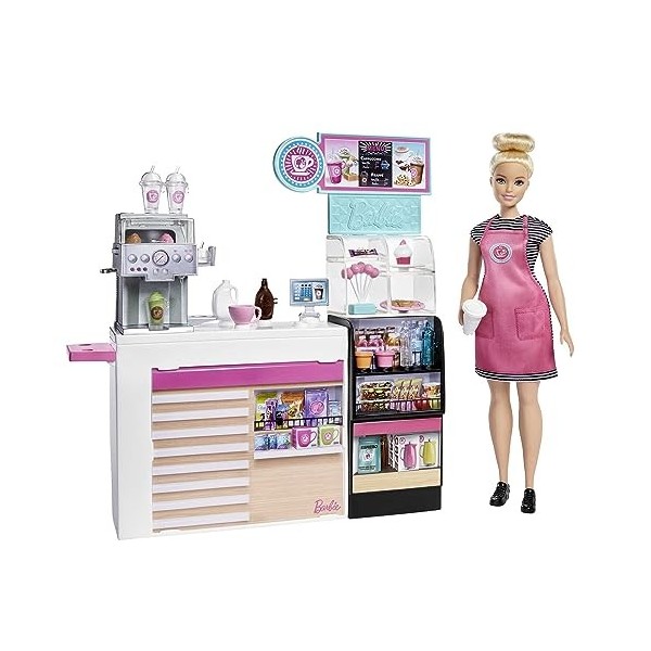 Barbie Métiers Coffret Pause Café avec poupée blonde, comptoir et plus de 20 accessoires inclus, jouet pour enfant, GMW03