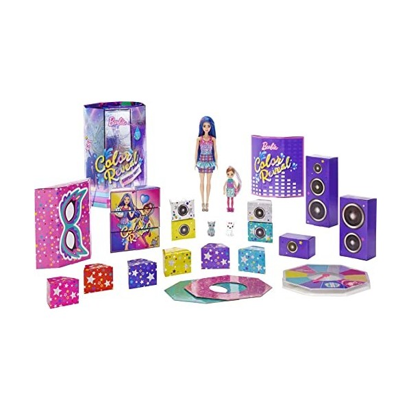 Barbie Color Reveal coffret Surprise Party, poupée et mini-poupée avec plus de 50 accessoires de soirée, jouet pour enfant, G