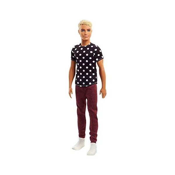 Barbie Fashionistas poupée mannequin Ken 14 blond avec t-shirt noir à pois, pantalon rouge et chaussures blanches, jouet pou