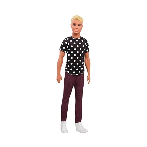 Barbie Fashionistas poupée mannequin Ken 14 blond avec t-shirt noir à pois, pantalon rouge et chaussures blanches, jouet pou