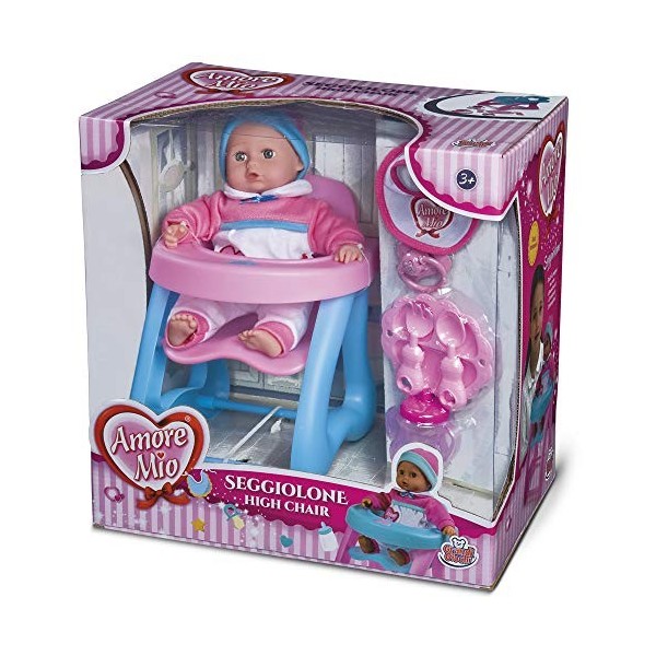 Grandi Giochi - GG71192, Amore Mio Poupée avec Chaise Haute et Accessoires, Multicolore