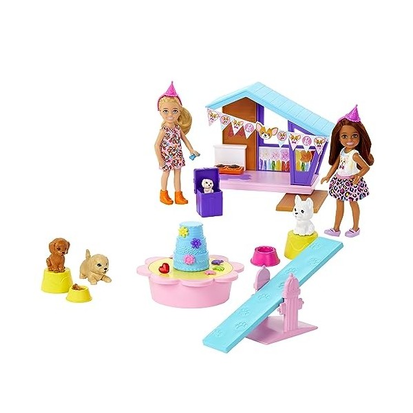 Barbie Chelsea Dog Party Mattel HJY88 Lot de 2 poupées avec Animaux de Compagnie et Accessoires, Jouet + 3 Ans