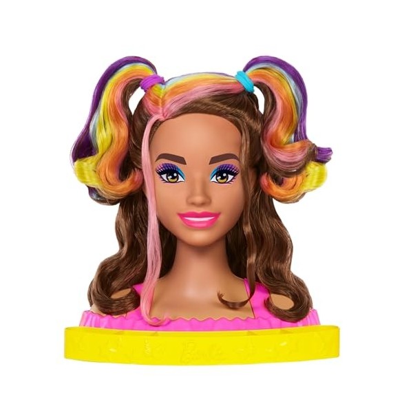 Barbie Ultra Chevelure Tête À Coiffer, Cheveux Bruns Frisés Avec Mèches Arc-En-Ciel, Accessoires Color Reveal, Jouet Enfant, 
