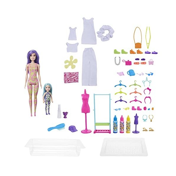 Barbie Coffret Mode Tie-Dye Color Reveal avec 2 Poupées Mannequins, Animal de Compagnie et Accessoires de Mode Personnalisabl