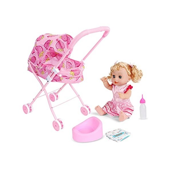 Baby Doll Pollher Foldable Baby Poussette poupées Pram, Ensemble de 4 Jouets Pouchchair avec Baby Doll Cartoon Toy Pram for D