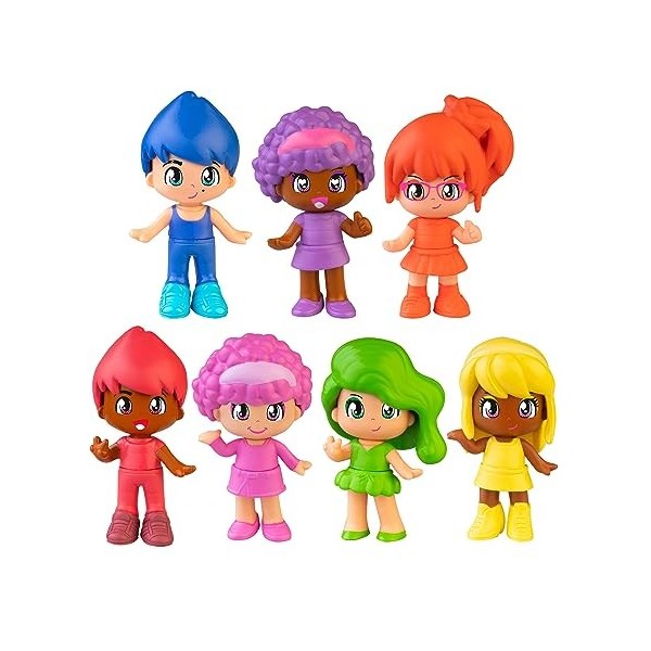 Pinypon - Rainbow Tube, Lot de 7 Figurines avec 7 Couleurs de larc-en-Ciel, avec des pièces interchangeables pour créer des 