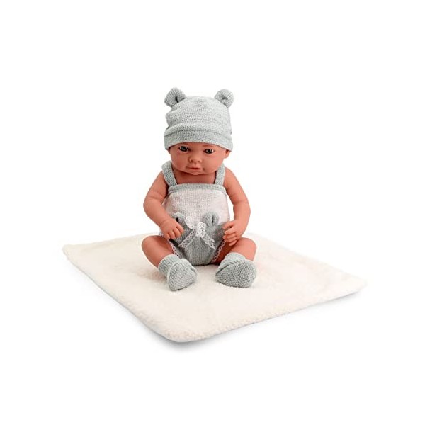 Tachan - Poupée bébé 40 cm, avec Habillage en Tricot Gris et Blanc, avec Couverture en Bordure, Physique réaliste, Membres ar