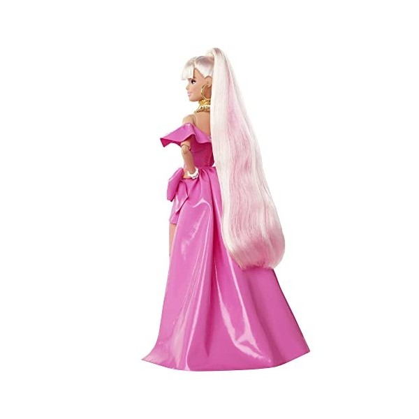 Barbie Poupée Extra Chic avec Robe Rose Brillant Courte Devant Longue Derrière, très longs cheveux et accessoires, points d’a