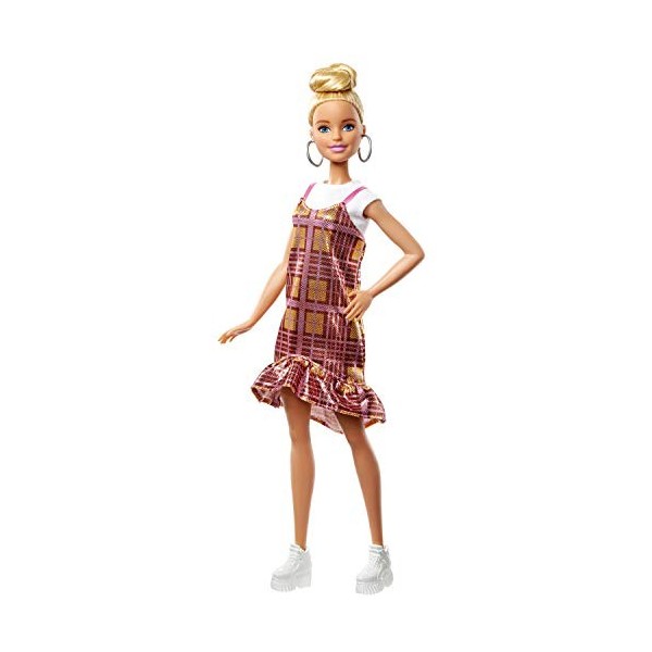 Barbie Fashionistas poupée mannequin 142 au chignon haut et avec une robe écossaise brillante rose et dorée, jouet pour enfa