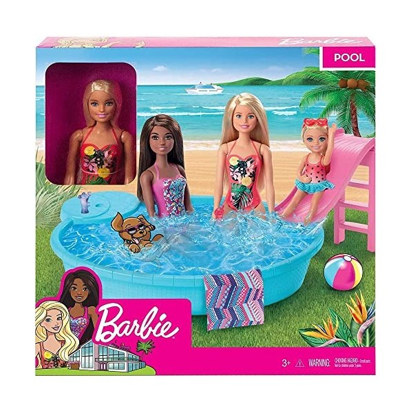 Barbie Mobilier Coffret poupée blonde en maillot de bain et sa piscine, avec toboggan, serviette et verres de cocktail, jouet