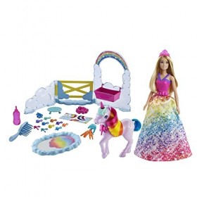 Barbie Coffret Poupée Royal Dreamtopia Et Bébé Licorne, Tapis Magique Avec Changement Couleur, 2 Brosses Et 10 Accessoires Co