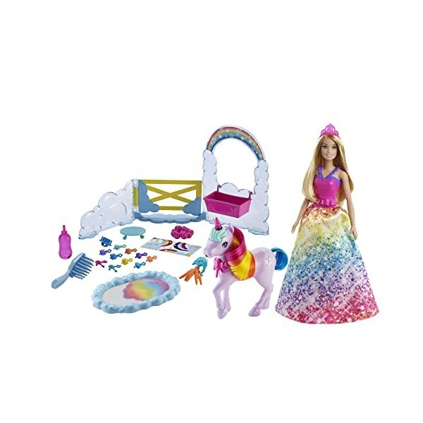 Barbie Coffret Poupée Royal Dreamtopia Et Bébé Licorne, Tapis Magique Avec Changement Couleur, 2 Brosses Et 10 Accessoires Co