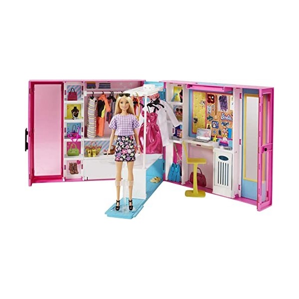 Barbie Fashionistas Le Dressing Deluxe pour poupée, Transportable, Fourni avec 4 tenues et plus de 25 accessoires, Jouet pour