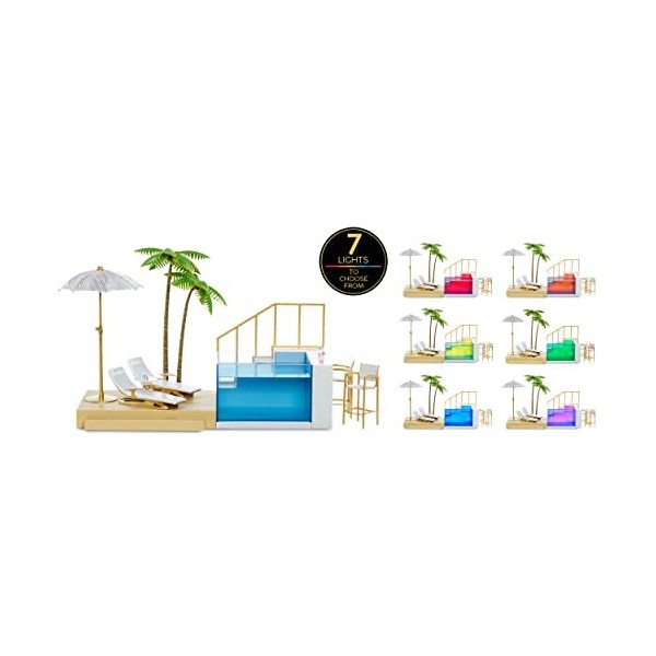 RAINBOW HIGH Pacific Coast Colour Change Ensemble Piscine & Club de Plage – avec lumières LED, terrasse & Palmiers – pour pou