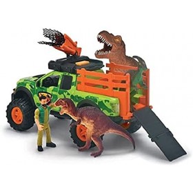 Dickie - Chasseur de Dinosaures - Coffret Véhicule + Treuil - 1 Figurine Articulée + 3 Dinosaures - Sons et Lumières - 203837