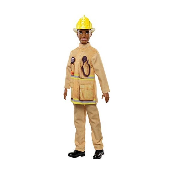 Barbie Ken Métiers poupée Pompier avec tenue jaune, jouet pour enfant, FXP05