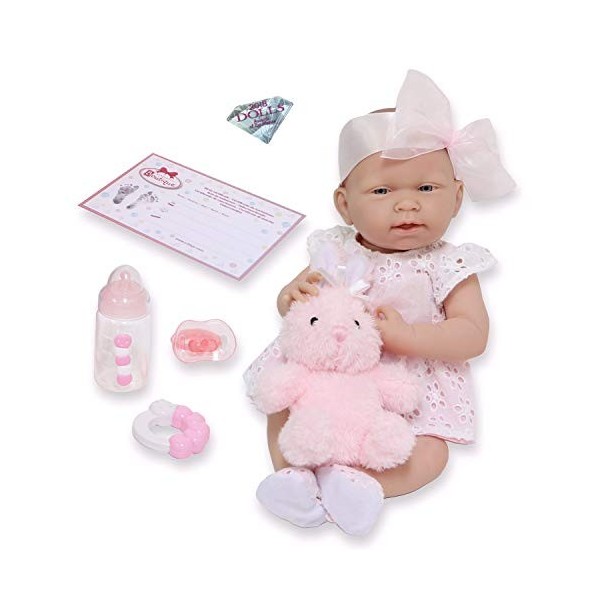 JC TOYS - Poupée La Newborn Nouveau-né de 38 cm est en Vinyle Doux, vêtements en Coton ajouré et Accessoires, Fille, Rose, co