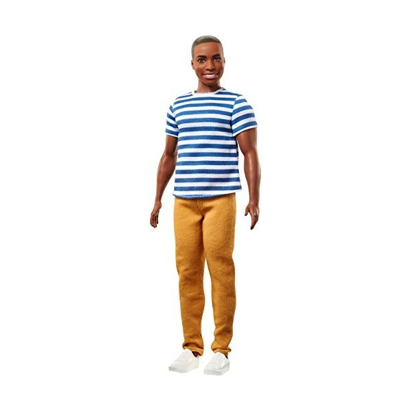 Barbie Fashionistas poupée mannequin Ken 18 brun avec t-shirt marinière, pantalon beige et chaussures blanches, jouet pour e