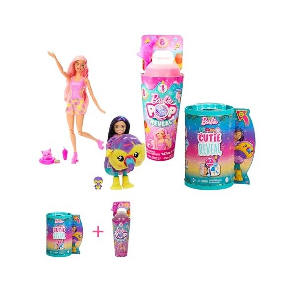 Barbie Lot Coffret Poupée Pop Reveal Série Fruit HNW41 + Poupée Chelsea Cutie Reveal Série Jungle HKR16 , 8 Surprises, Acc