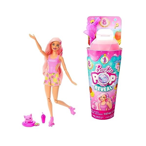 Barbie Lot Coffret Poupée Pop Reveal Série Fruit HNW41 + Poupée Chelsea Cutie Reveal Série Jungle HKR16 , 8 Surprises, Acc