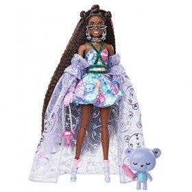 Barbie Poupée Extra Chic avec robe à imprimé oursons et traîne, figurine ourson, très longs cheveux et accessoires, points d’