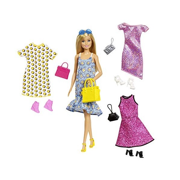 Barbie Fashionistas Coffret poupée blonde et ses tenues, vêtements et accessoires pour 4 tenues complètes, jouet pour enfant,