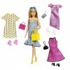 Barbie Fashionistas Coffret poupée blonde et ses tenues, vêtements et accessoires pour 4 tenues complètes, jouet pour enfant,