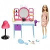 Barbie Coffret Salon De Coiffure Ultra Chevelure, Poupée Cheveux Qui Changent De Couleur, Robe Pied-De-Poule Et 15 Accessoire