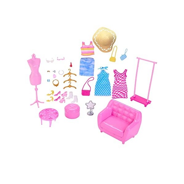 Barbie Coffret Séance D’Essayage avec Poupée Mannequin, Vêtements, Accessoires De Dressing, Et 32 Éléments De Jeu, Jouet Enfa