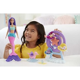 Barbie Coffret Dreamtopia Babysitting au Fond de l’Océan, avec poupée sirène cheveux violets, queue rose et violette et acces